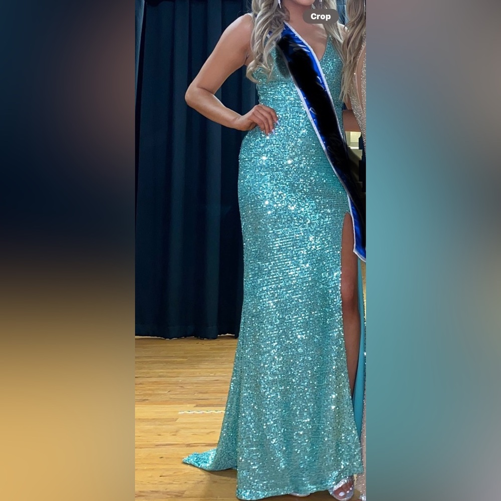 Beautiful light green lined long sequined, special occasion dress.